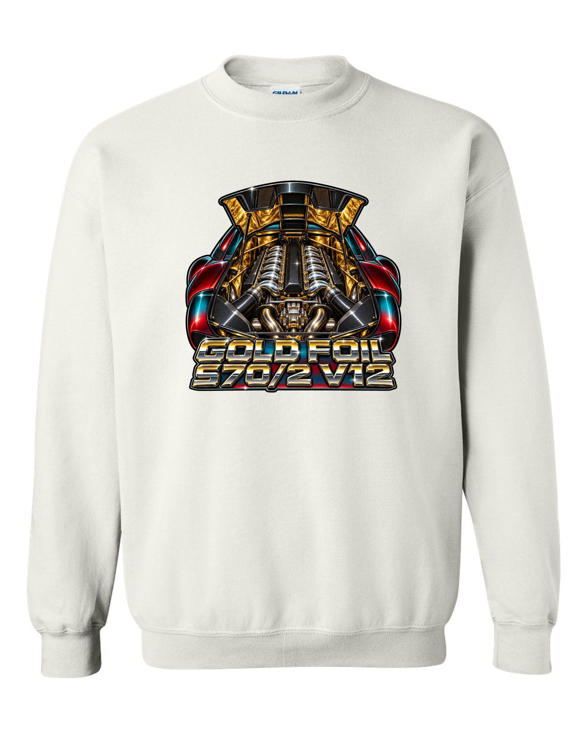 80s airbrush chrome print of the McLaren F1 gold foil engine bay with S70/2 V12 lettering white crewneck front view with the design