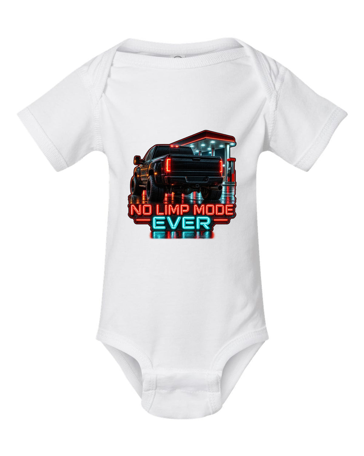 Photoreal night garage taillight print of a 1994-1998 Dodge Ram 2500 12V Cummins with No Limp Mode Ever text white baby onesie front view with the design