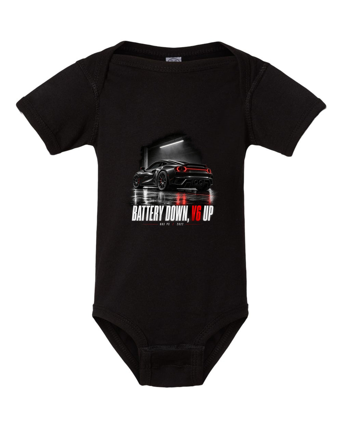 Garage night print of a Ferrari 296 GTB with the text Battery Down, V6 Up, 663 PS, 2022 black baby onesie front view with the design