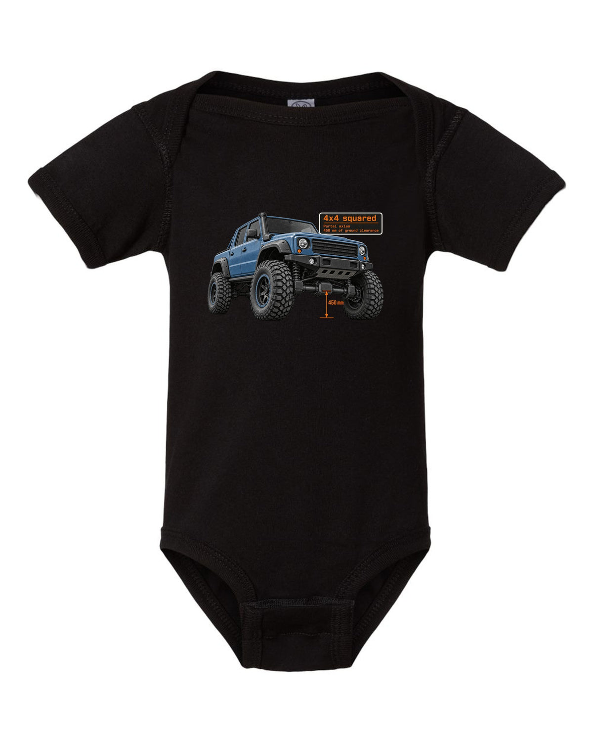 Halftone print of a Mercedes-AMG G63 4x4 squared W463 black baby onesie front view with the design