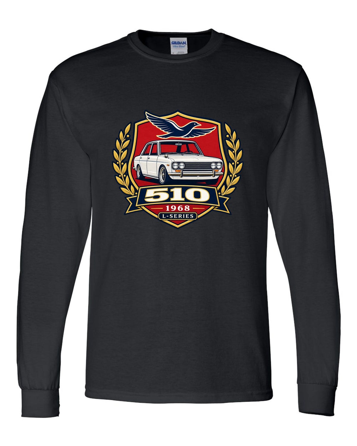Shield crest print for the Datsun 510 with 510, 1968 and L-Series lettering black long sleeve front view with the design
