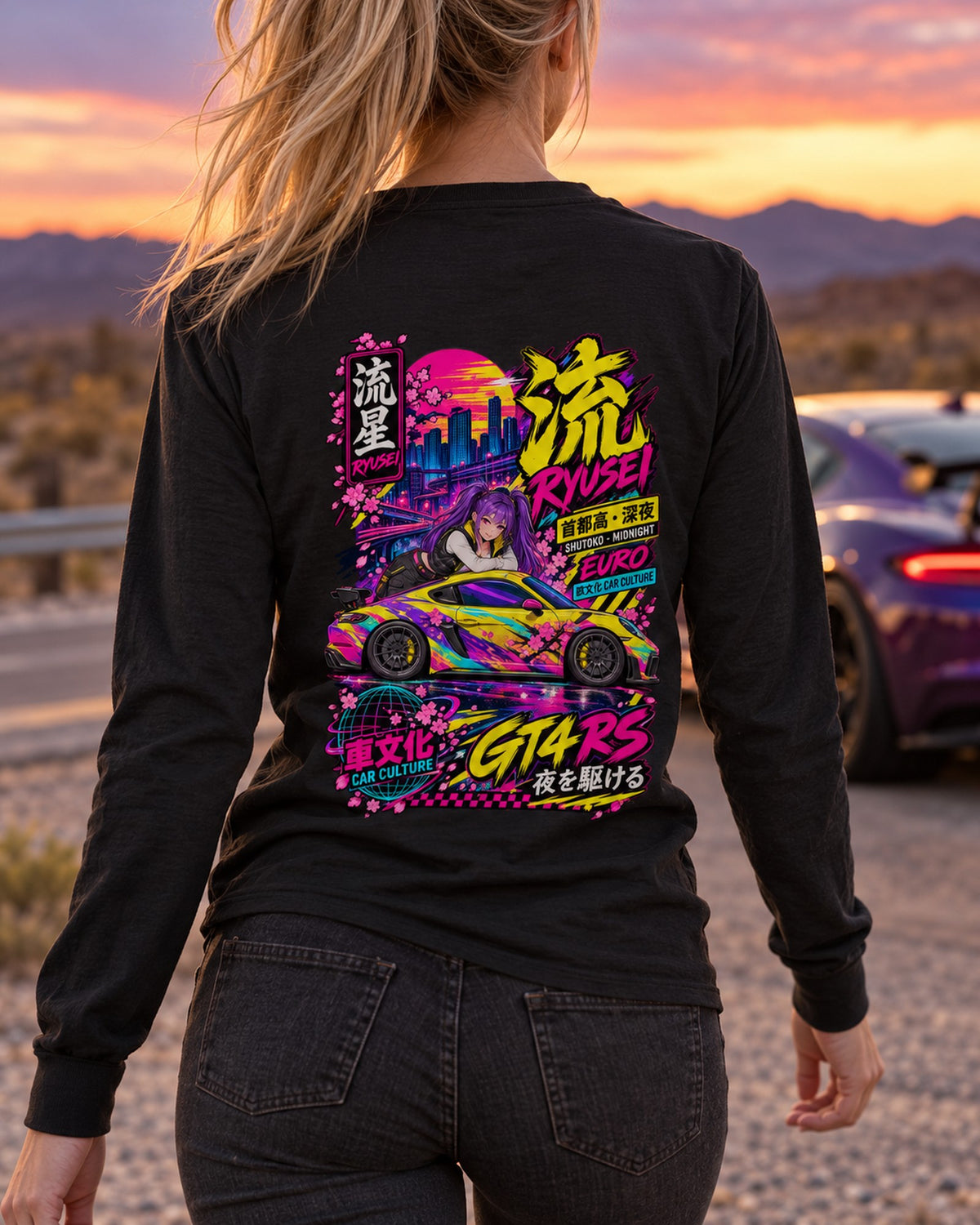 RYUSEI GT4 RS Anime Girl Full-Back Graphic Tee Long Sleeve Black worn hero
