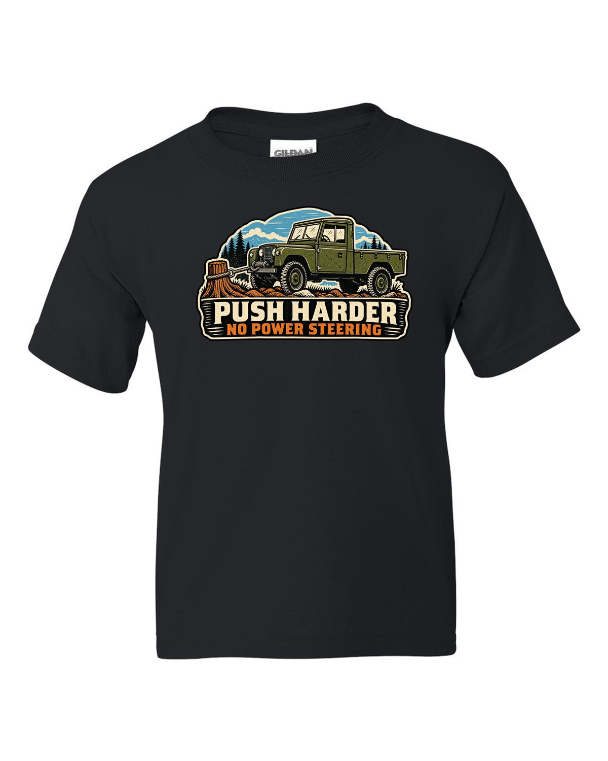 Linocut print of a Dodge Power Wagon WM300 flat fender winching with no power steering text black kids tee front view with the design