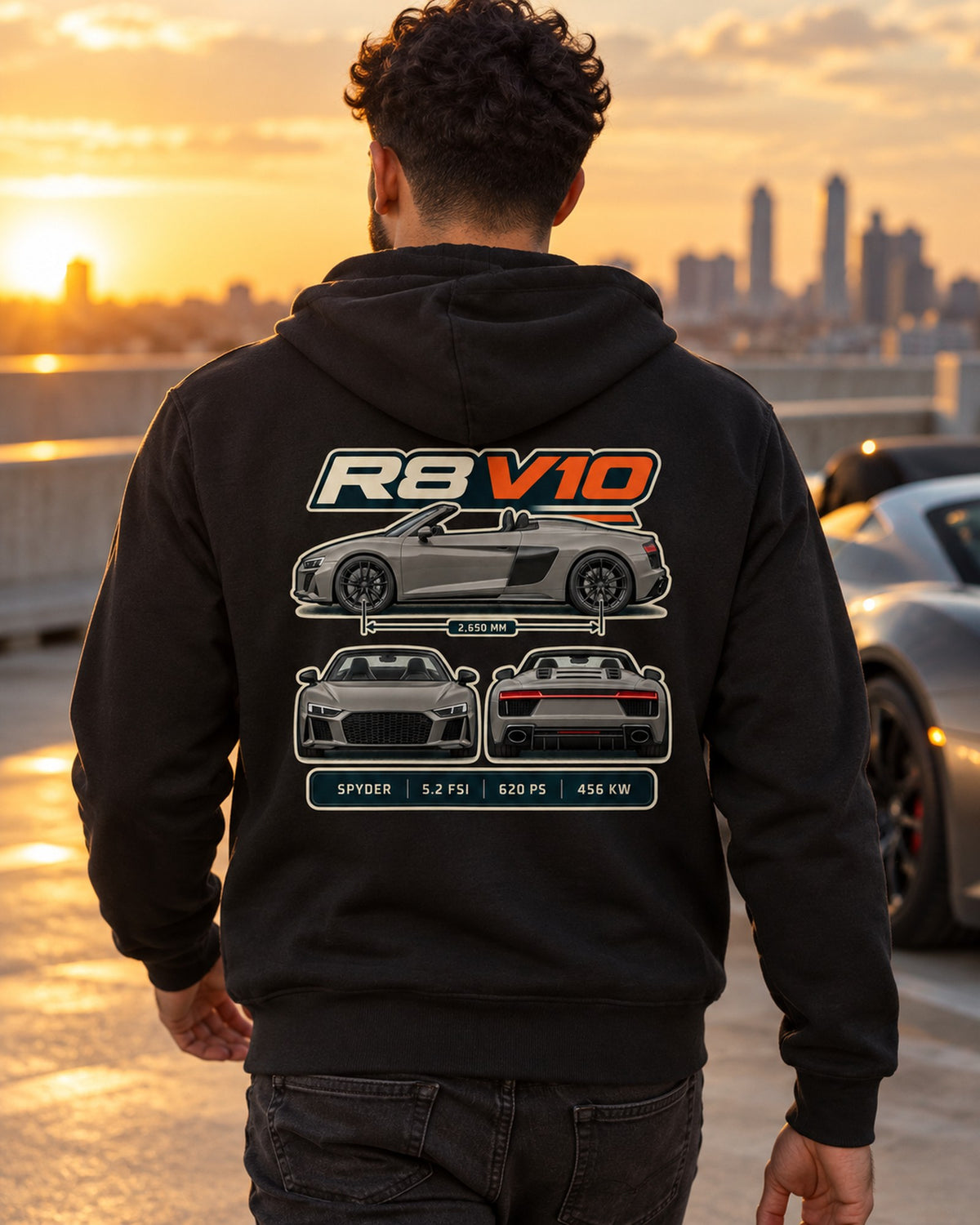 Audi R8 Spyder V10 Performance Three-View Spec Table Shirt Zip Hoodie Black worn hero