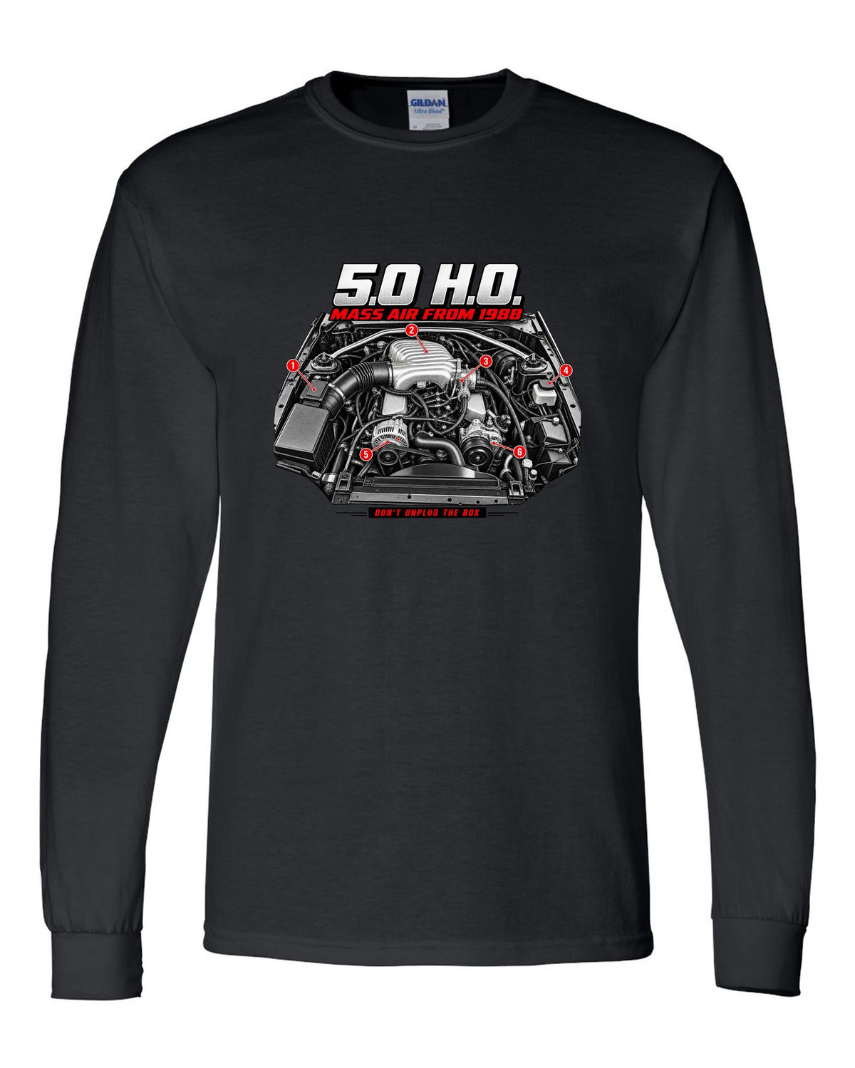 print of a 1989 Ford Mustang Fox Body 5.0 H.O. engine bay black long sleeve front view with the design