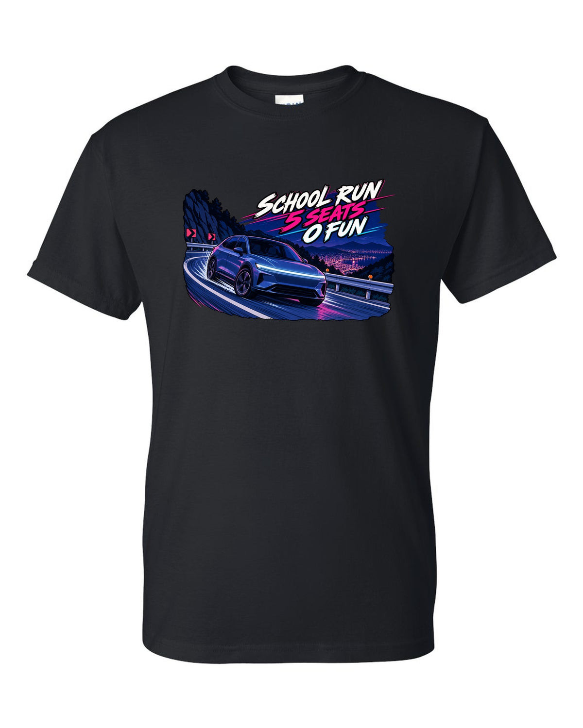 Cel-shaded 90s anime night touge print of a Tesla Model Y Juniper reading School Run 5 Seats 0 Fun black t-shirt front view with the design