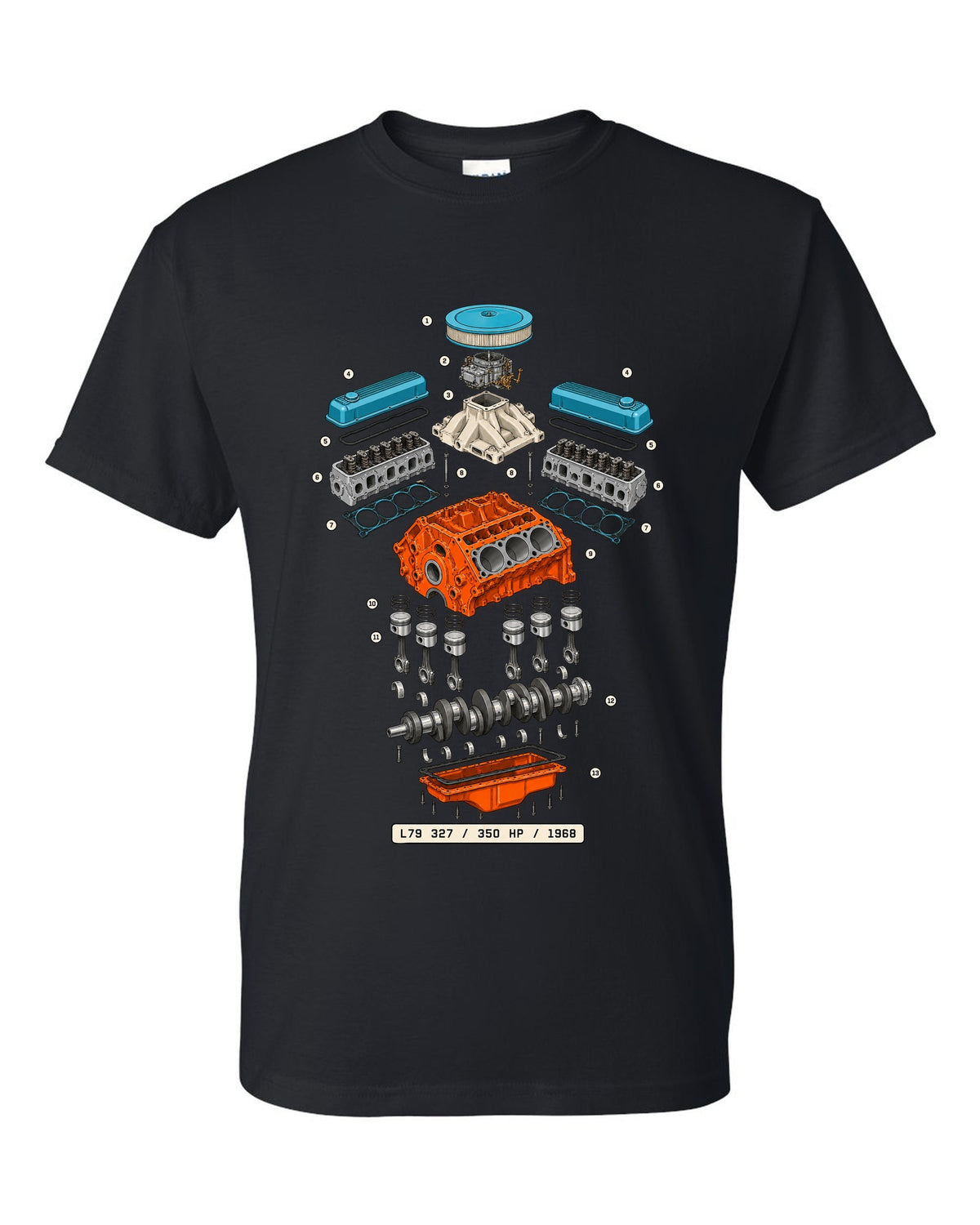 Exploded cutaway print of a 1968 Chevrolet Nova L79 327 engine with the text 350 HP, 1968 black t-shirt front view with the design