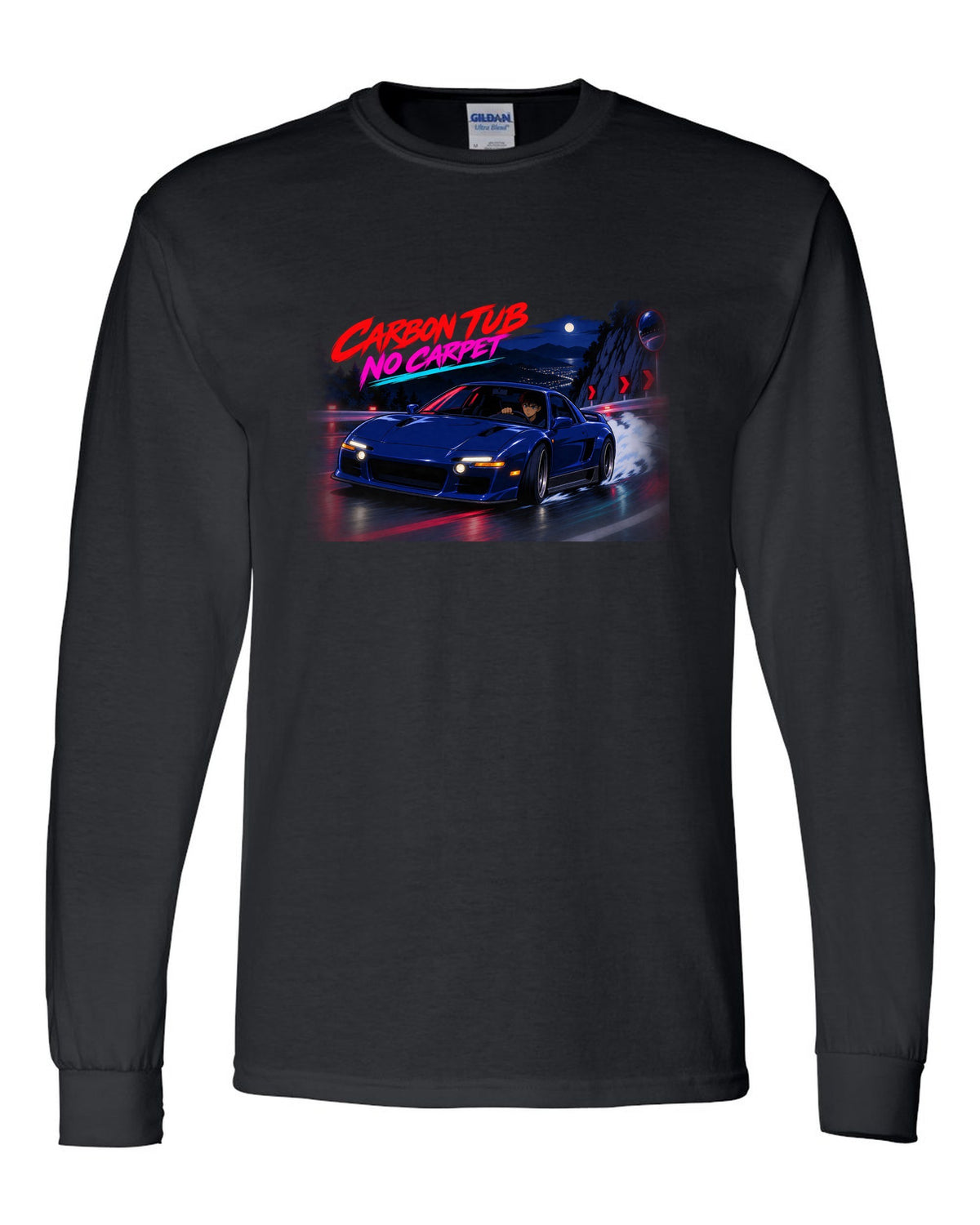 Cel-shaded anime night touge scene with an Alfa Romeo 4C and carbon tub no carpet text black long sleeve front view with the design