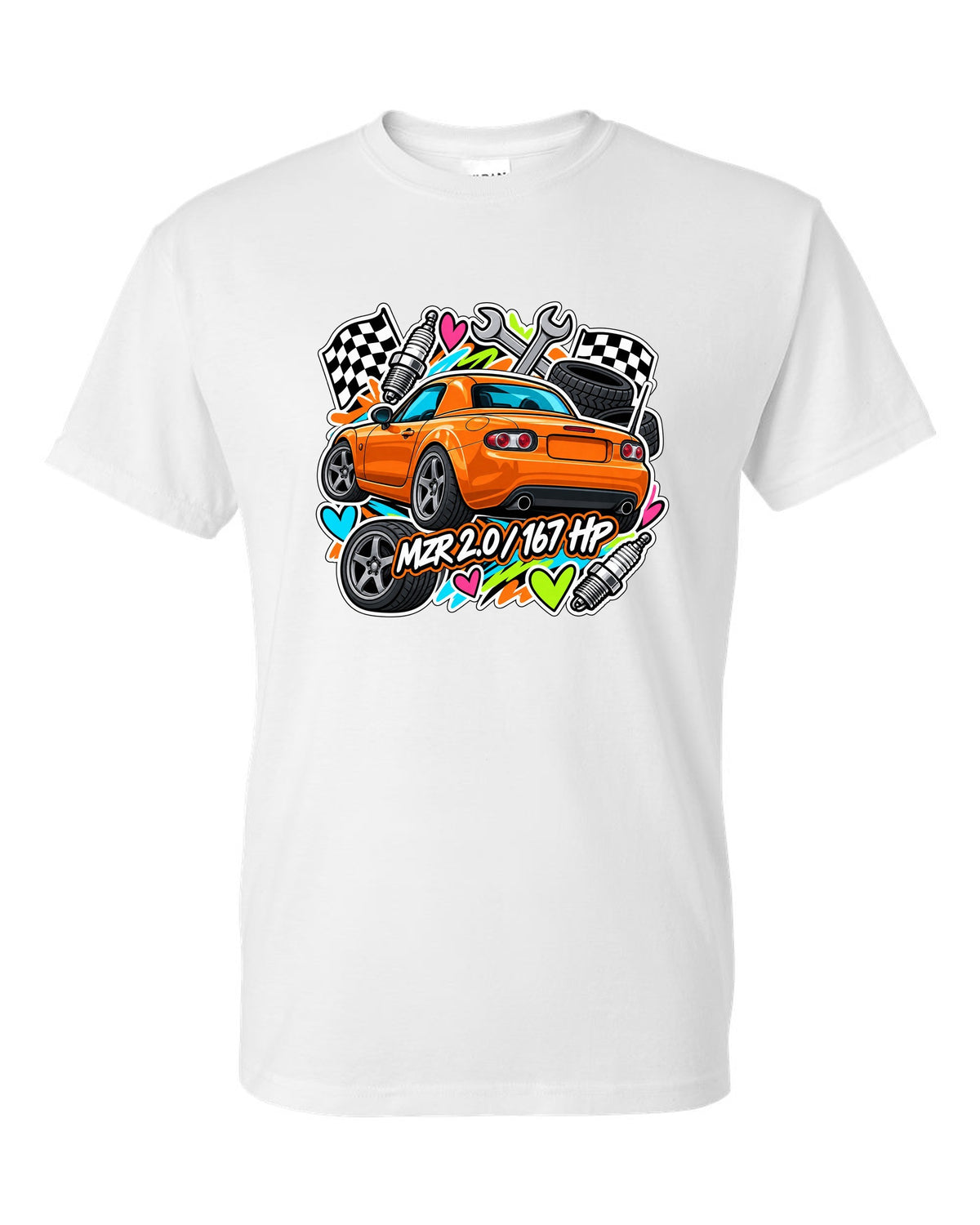 Mazda MX-5 NA6CE Cyanotype Blueprint white t-shirt front view with the design