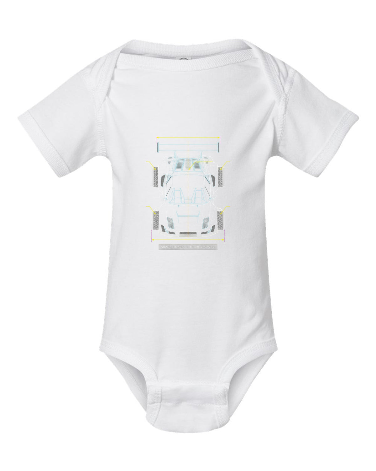 Overhead blueprint line drawing of a Lancia Delta S4 with supercharger and turbo caption white baby onesie front view with the design