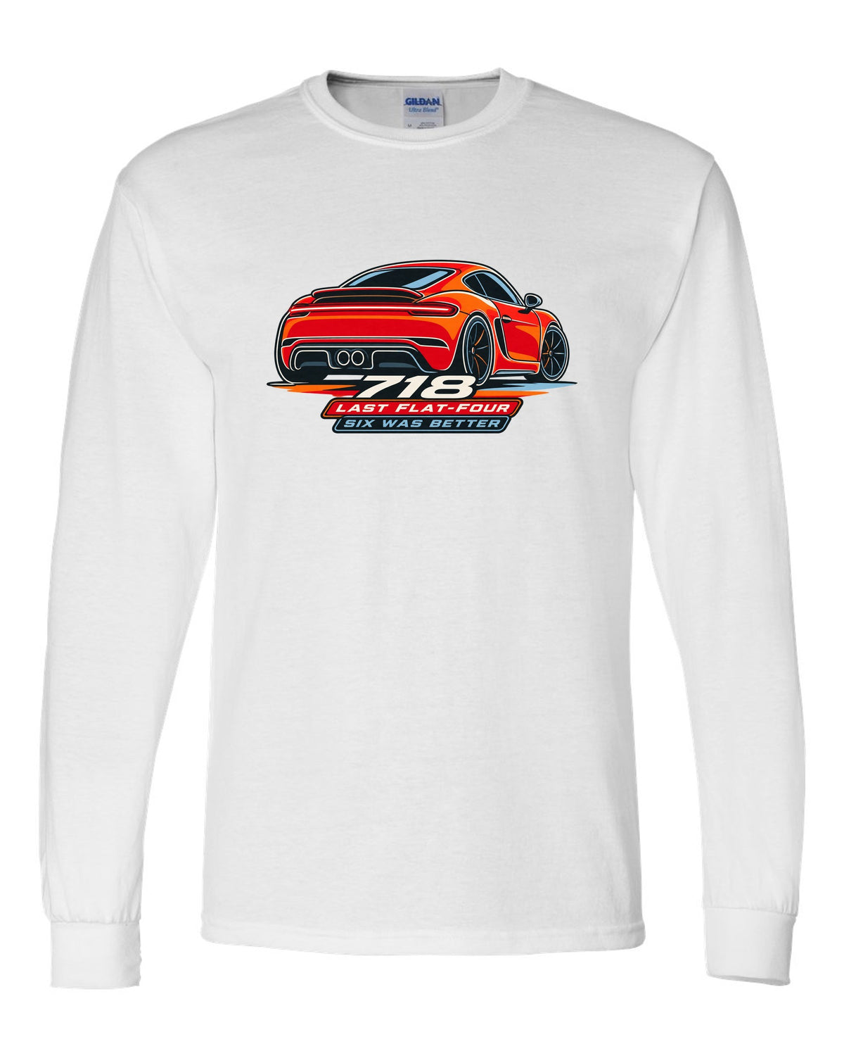 Minimalist continuous line art print of a Porsche 718 Cayman 982 taillight with the text 718, last flat-four, six was better white long sleeve front view with the design