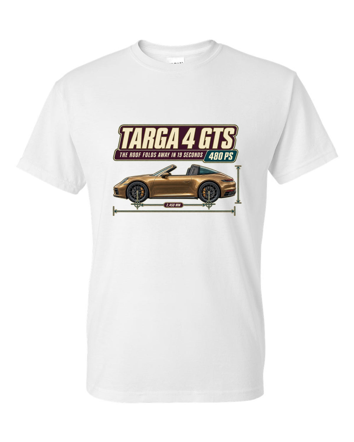 Editorial headline print of a Porsche 911 Targa 4 GTS 992 white t-shirt front view with the design