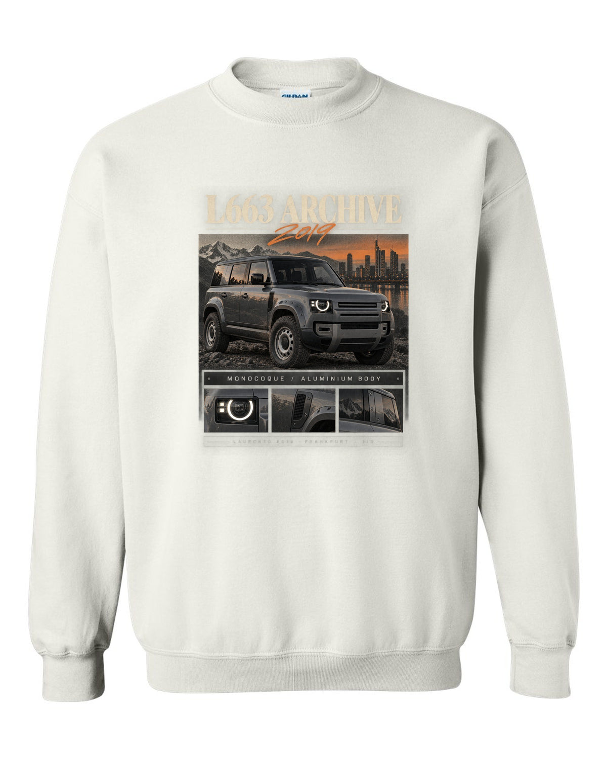 Land Rover Defender L663 110 archive panel print with 2019 Frankfurt text white crewneck front view with the design