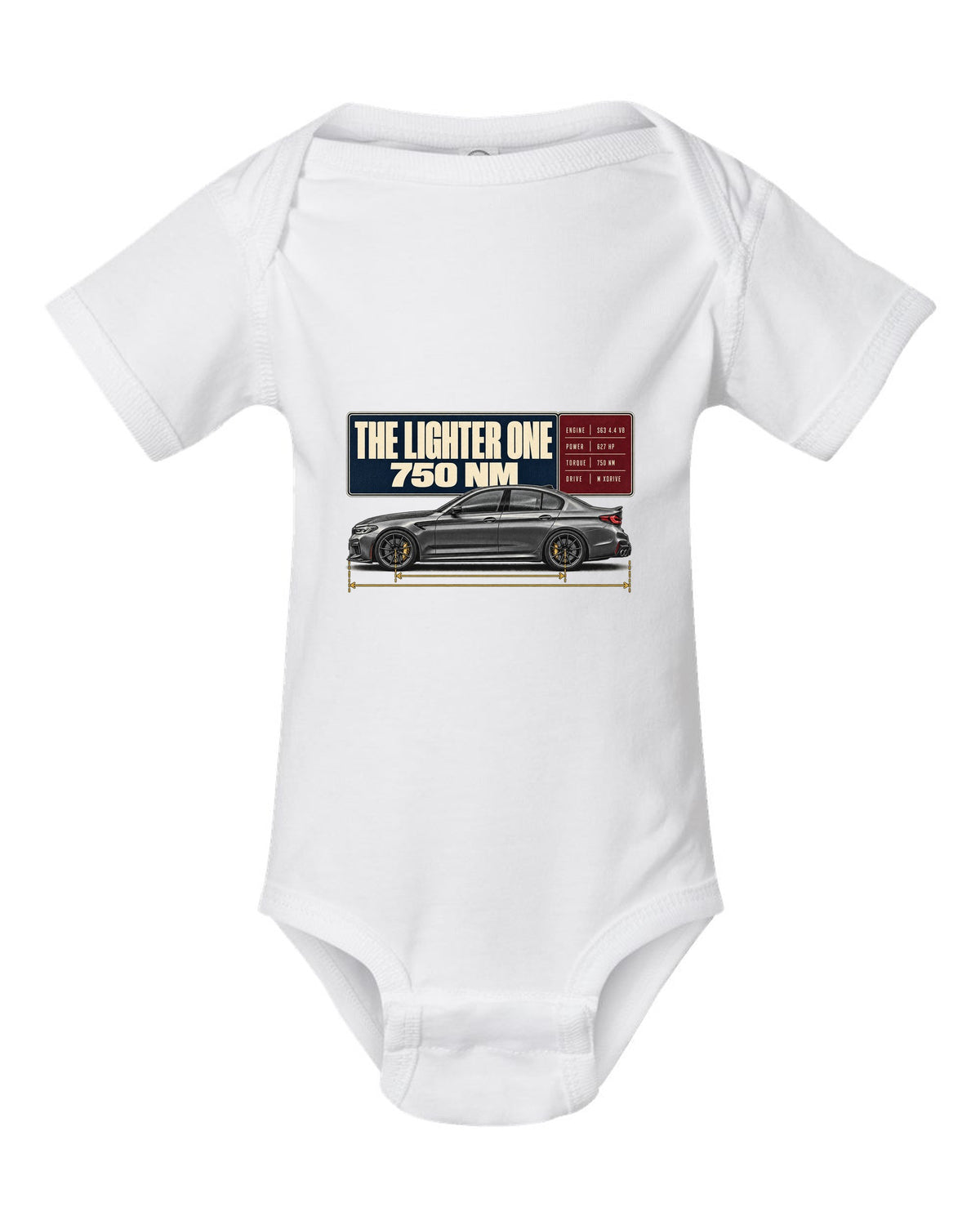 BMW M5 F90 CS spec poster print on a tee white baby onesie front view with the design