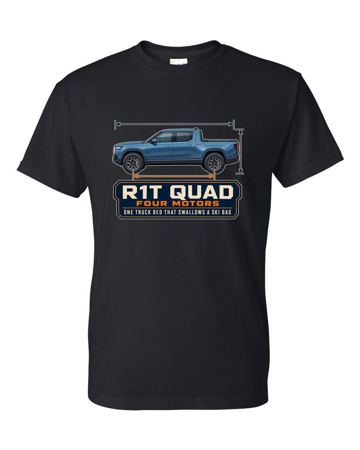 Dimension blueprint print of the Rivian R1T quad-motor electric truck black t-shirt front view with the design