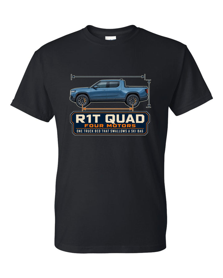 Dimension blueprint print of the Rivian R1T quad-motor electric truck black t-shirt front view with the design