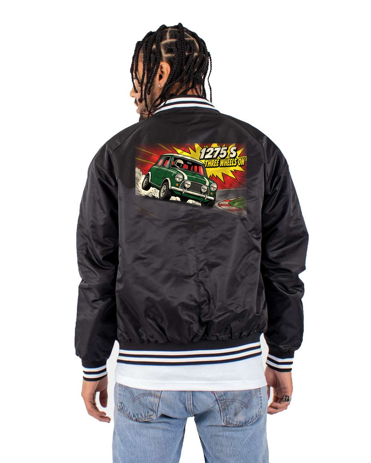 Classic Mini Cooper S 1275 S Three Wheels On Pop Art Shirt Bomber Jacket Black back