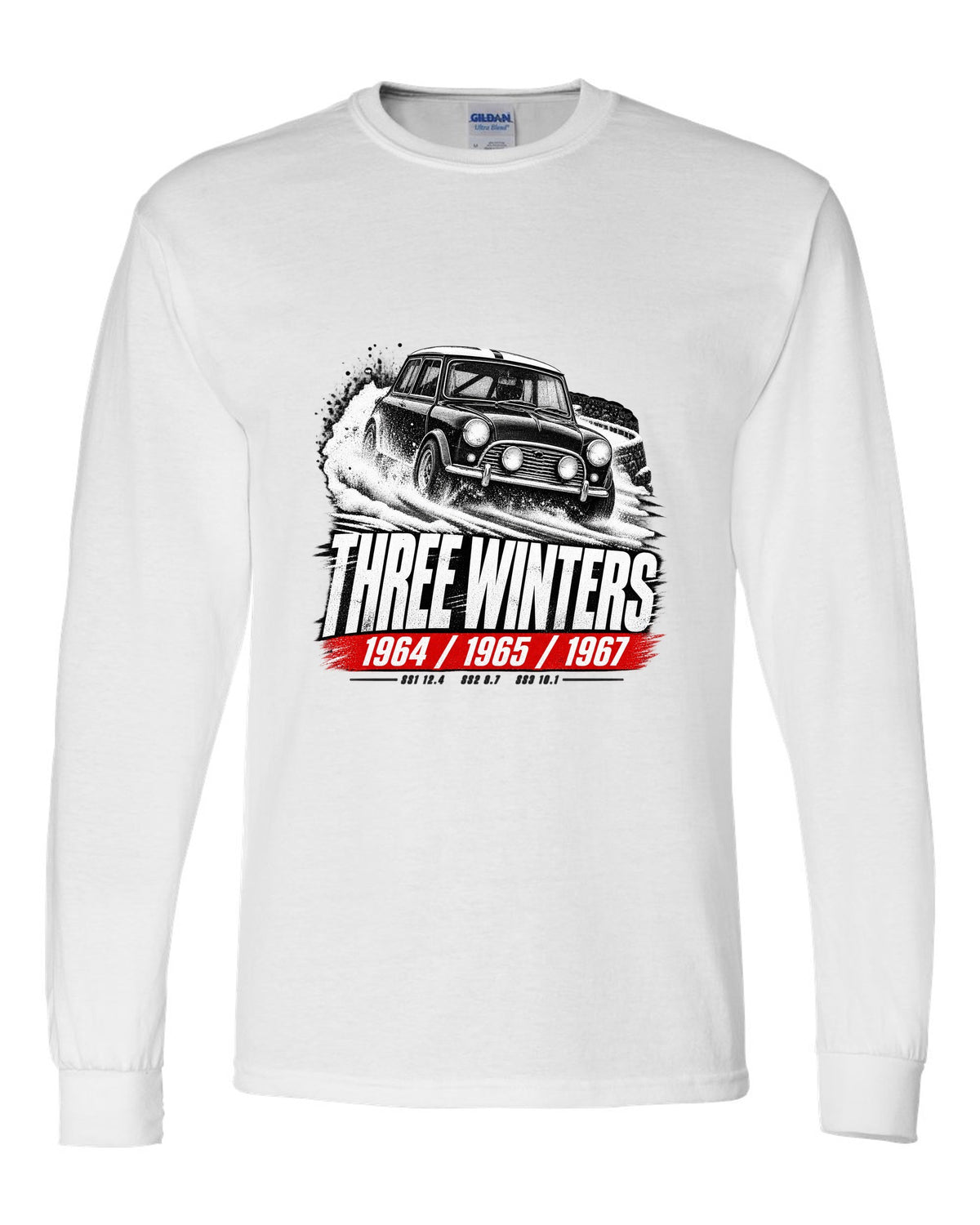 Race poster print of a 1964 Classic Mini Cooper S Mk I rally car with three winters text white long sleeve front view with the design