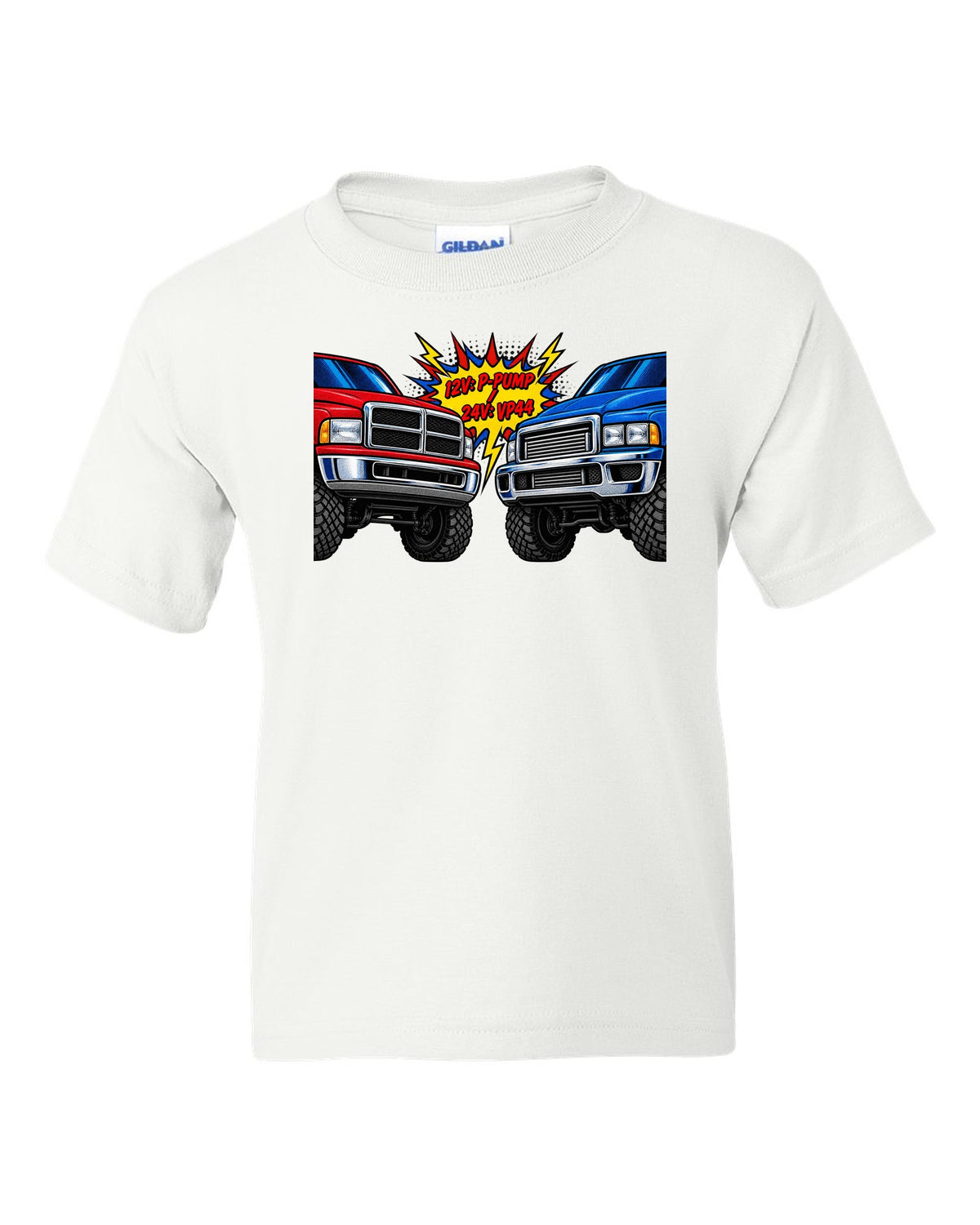 Comic halftone print comparing the 12V P-pump and 24V VP44 Cummins in a Ram 2500 white kids tee front view with the design