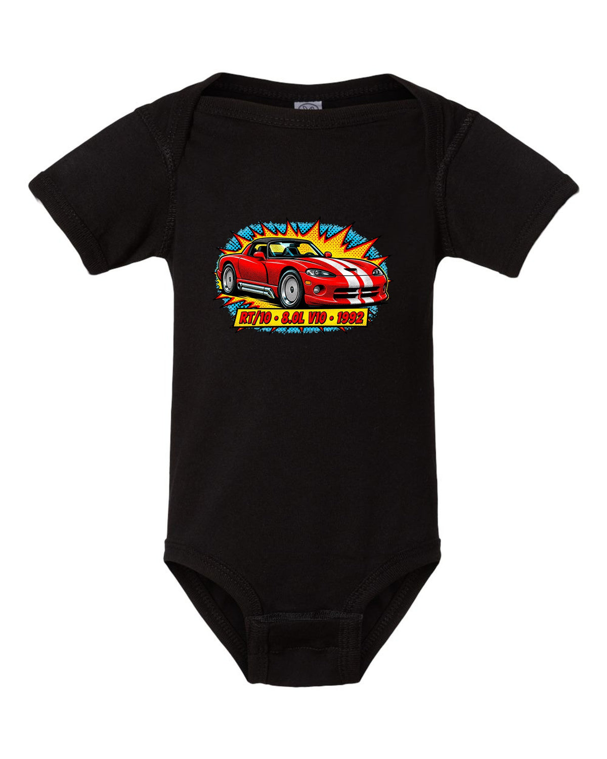 Comic halftone pop-art print of a 1992 Dodge Viper RT/10 with 8.0L V10 text black baby onesie front view with the design