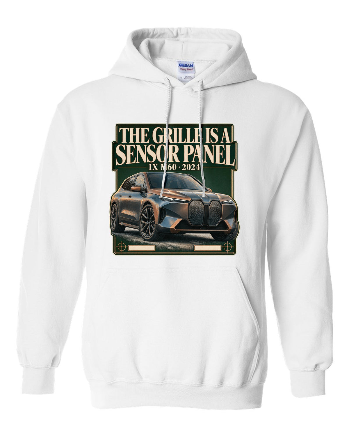 Editorial headline print for the BMW iX M60 I20 saying the grille is a sensor panel white pull over hoodie front view with the design