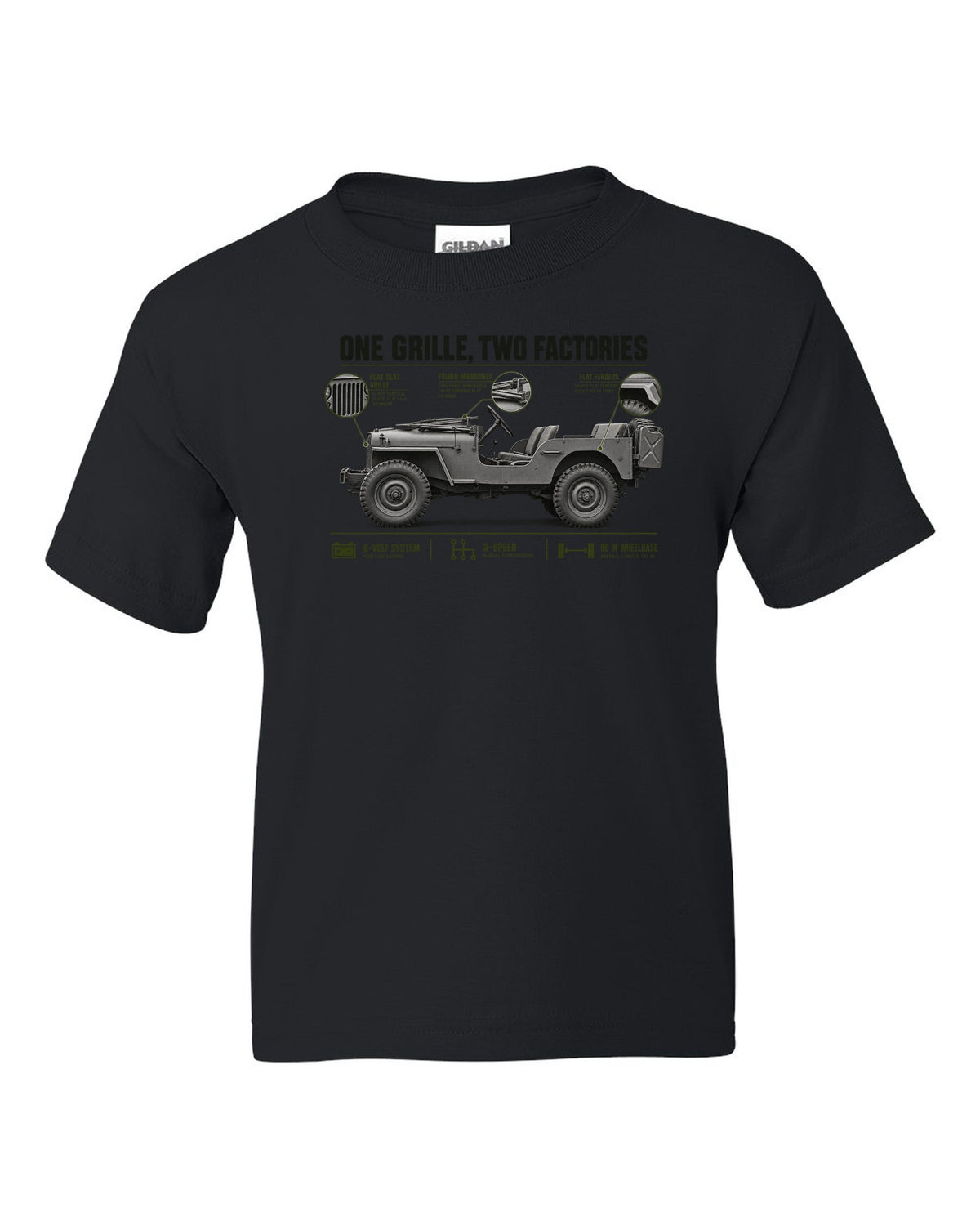 Spec poster print for the Willys MB and Ford GPW, 1941-1945 black kids tee front view with the design