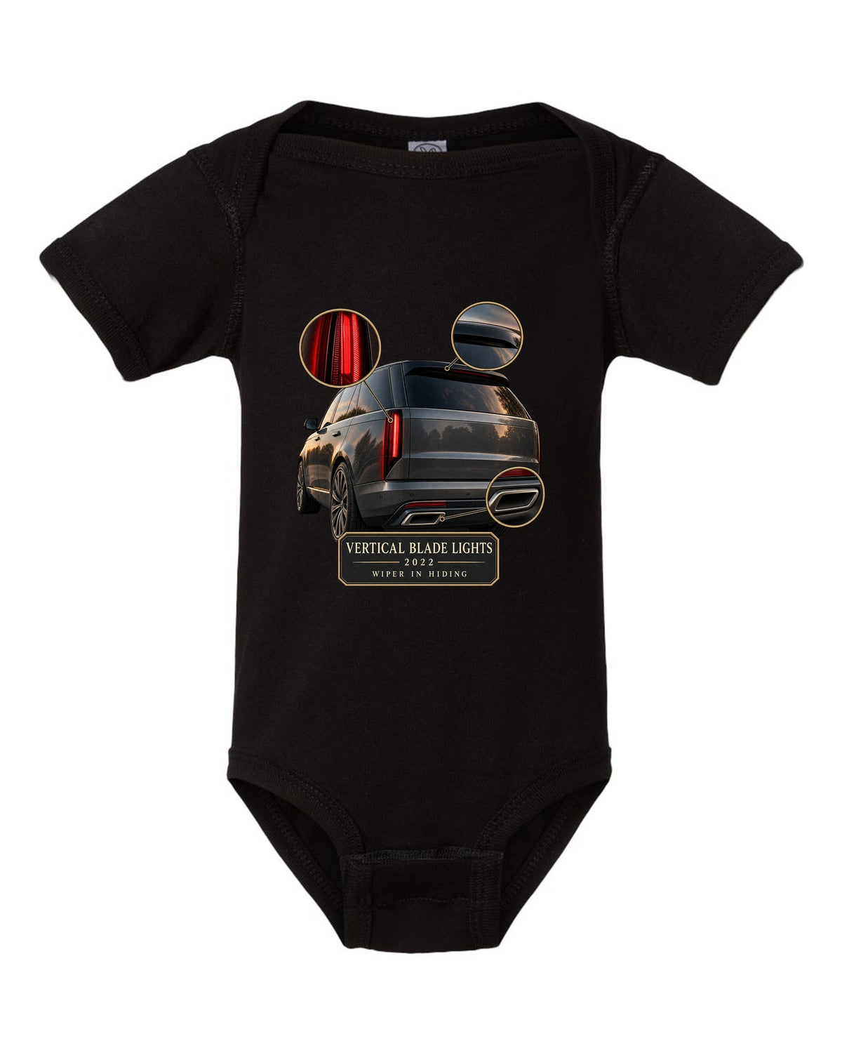 Taillight macro print of the Range Rover L460 with vertical blade lights black baby onesie front view with the design