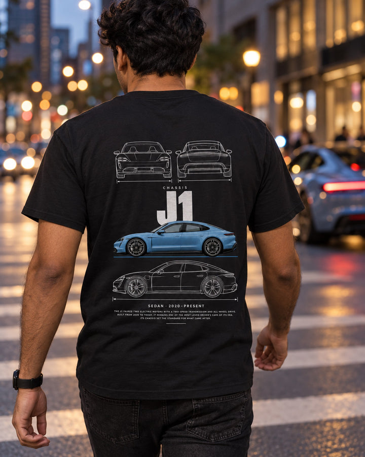Porsche Taycan Blueprint Full-Back Graphic Tee, J1 Chassis Code T-Shirt Black worn hero
