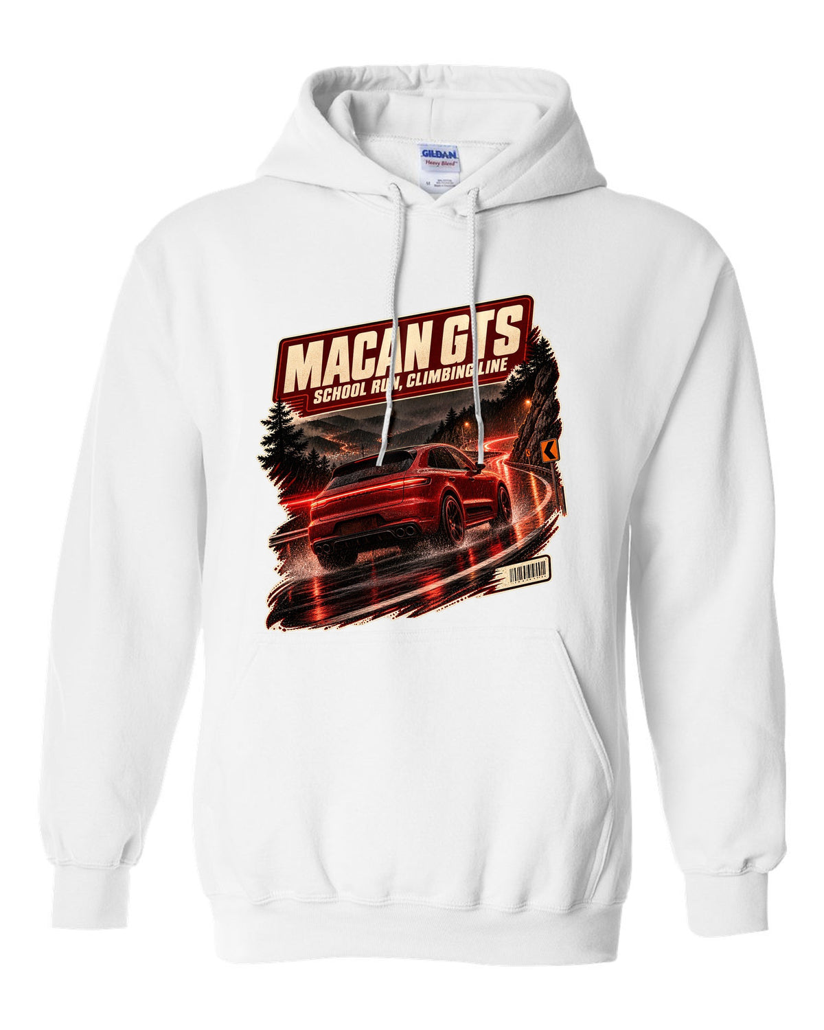 Wet mountain road print of a low front three-quarter Porsche Macan GTS 95B white pull over hoodie front view with the design