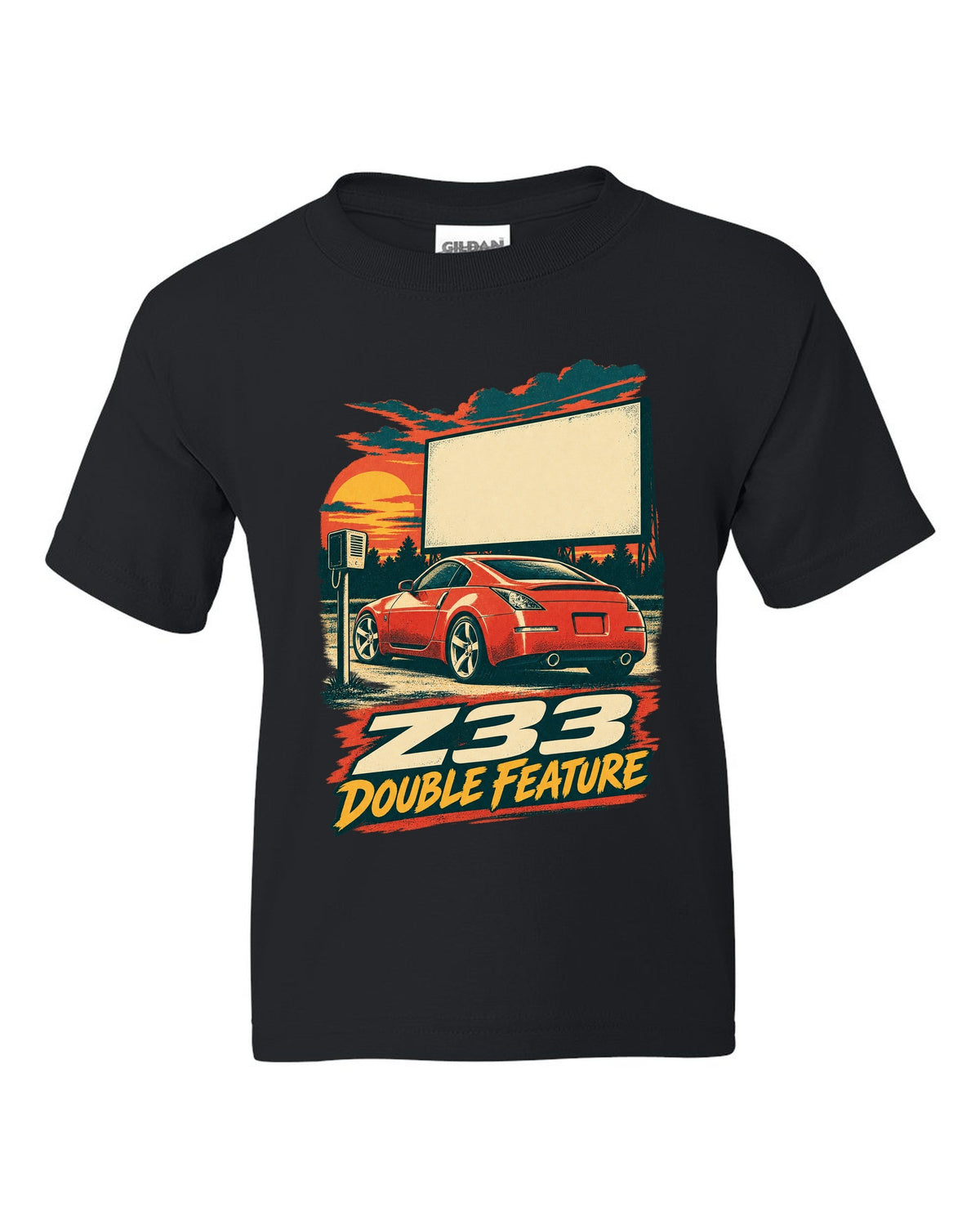 Vintage lithograph race poster print of a Nissan 350Z Z33 at a drive-in black kids tee front view with the design