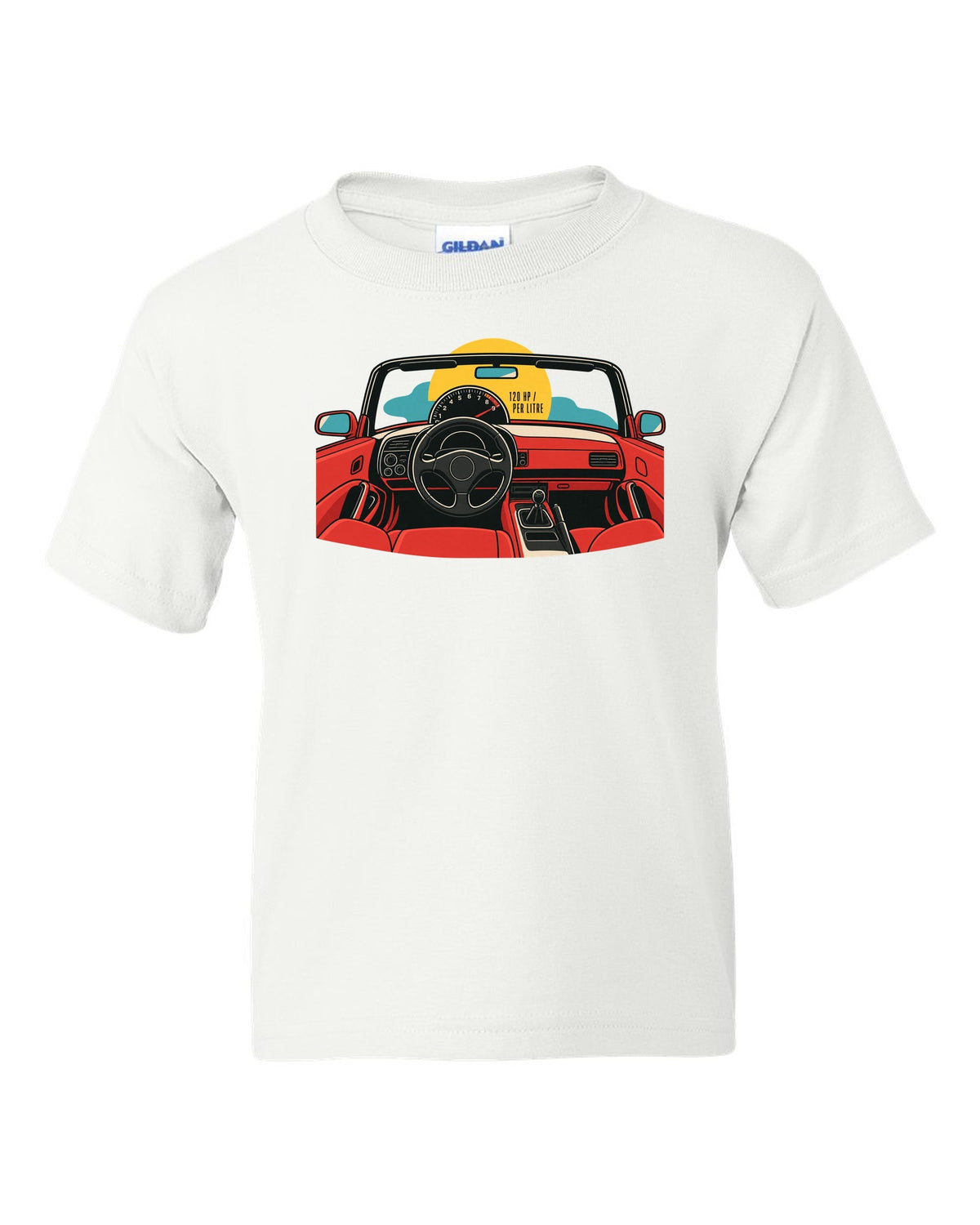 Minimal single-line contour art of a Honda S2000 AP1 with 120 HP per litre text white kids tee front view with the design