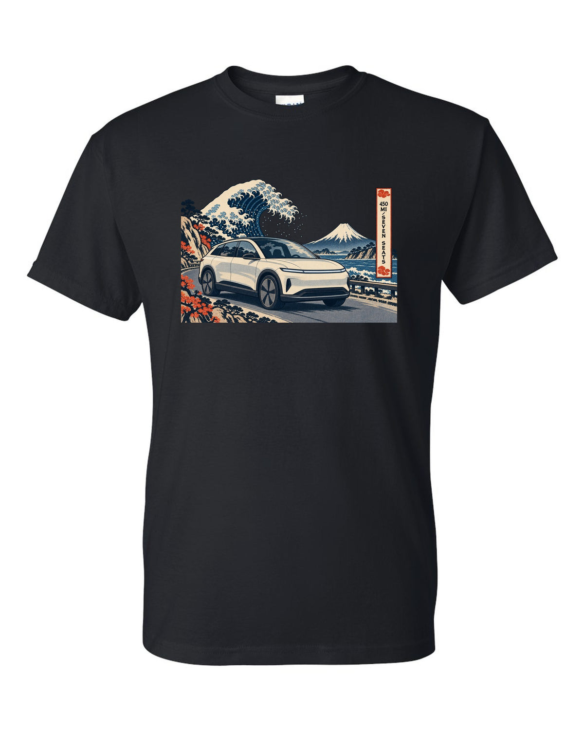 Lucid Gravity ukiyo-e woodblock ridge line print with the text 450 mi seven seats black t-shirt front view with the design