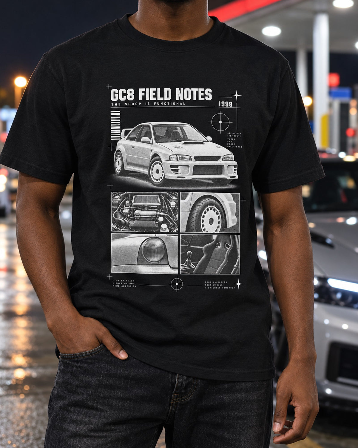 GC8 Impreza WRX Coupe Field Notes Dossier Tee, 1998 Subaru T-Shirt Black worn hero