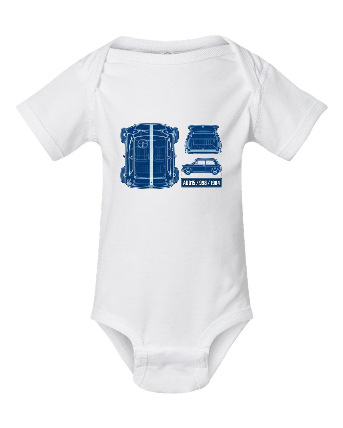 1964 Mini Cooper Mk I ADO15 in a white-on-blue cyanotype blueprint style white baby onesie front view with the design