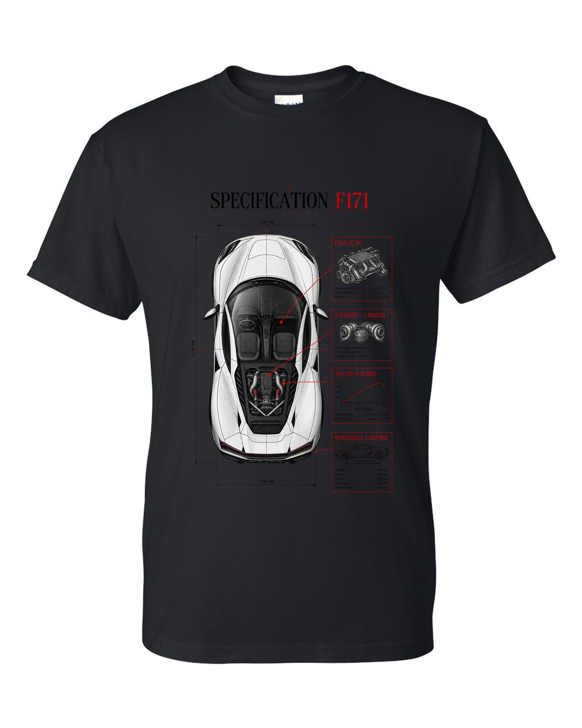 Top-down spec poster print of a Ferrari 296 GTB F171 with wheelbase and F163 CE V6 details black t-shirt front view with the design