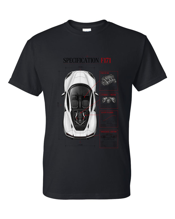 Top-down spec poster print of a Ferrari 296 GTB F171 with wheelbase and F163 CE V6 details black t-shirt front view with the design