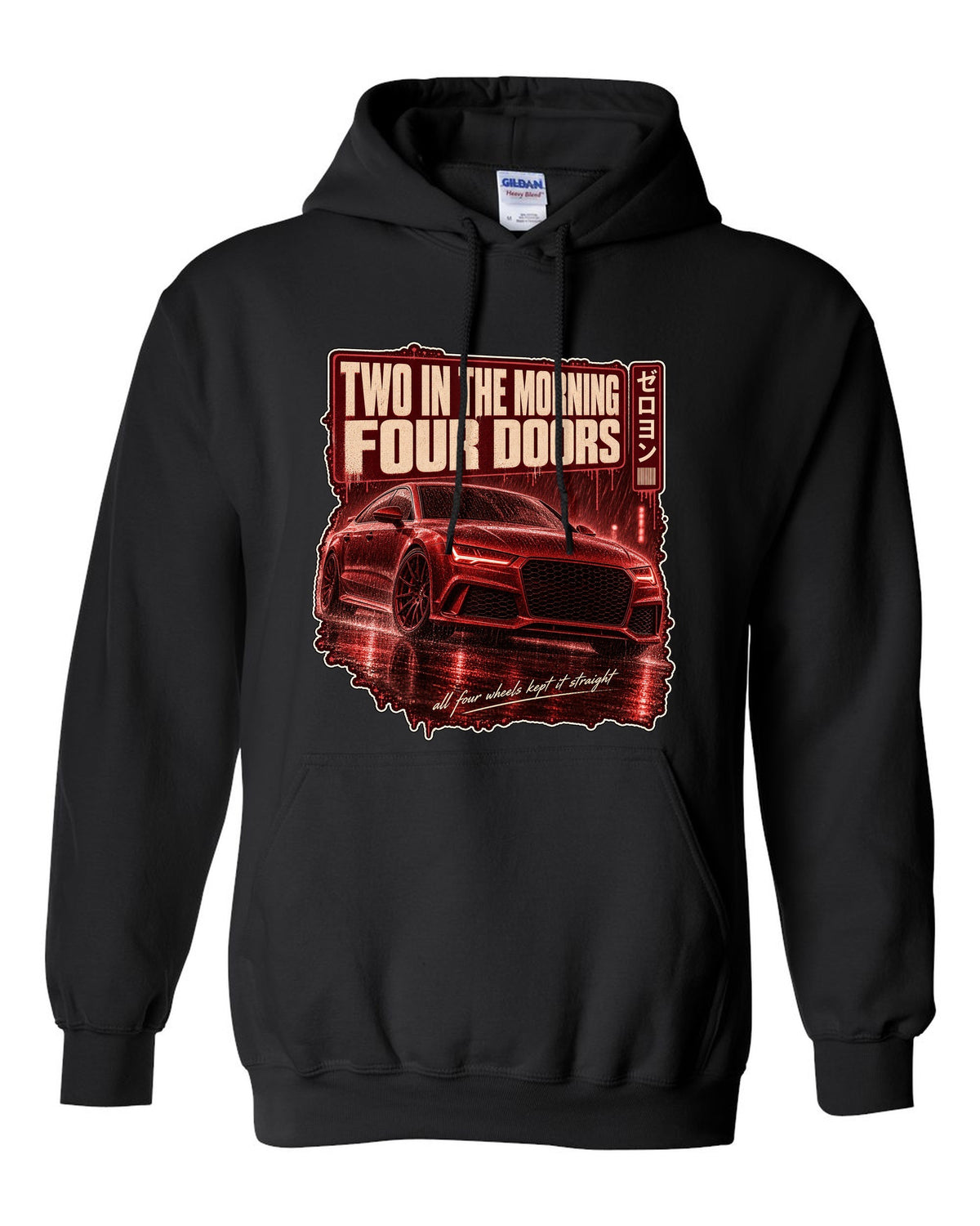 Audi RS7 Sportback C7 on a rainy night street print black pull over hoodie front view with the design