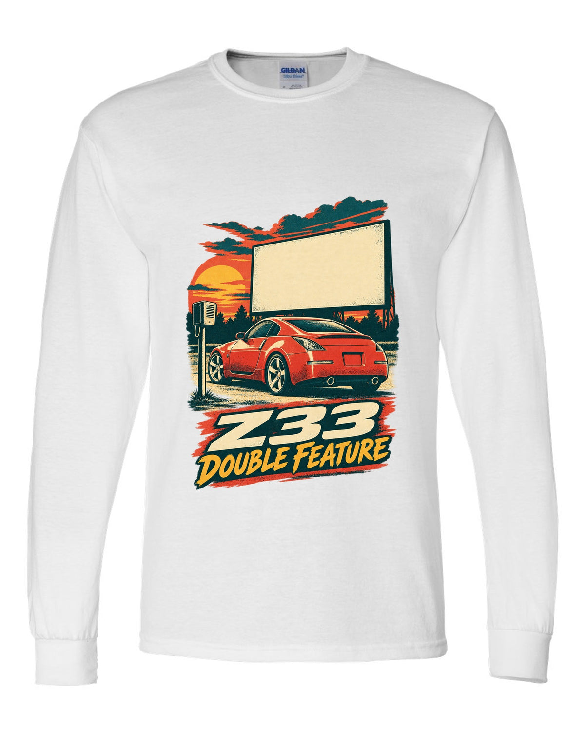 Vintage lithograph race poster print of a Nissan 350Z Z33 at a drive-in white long sleeve front view with the design