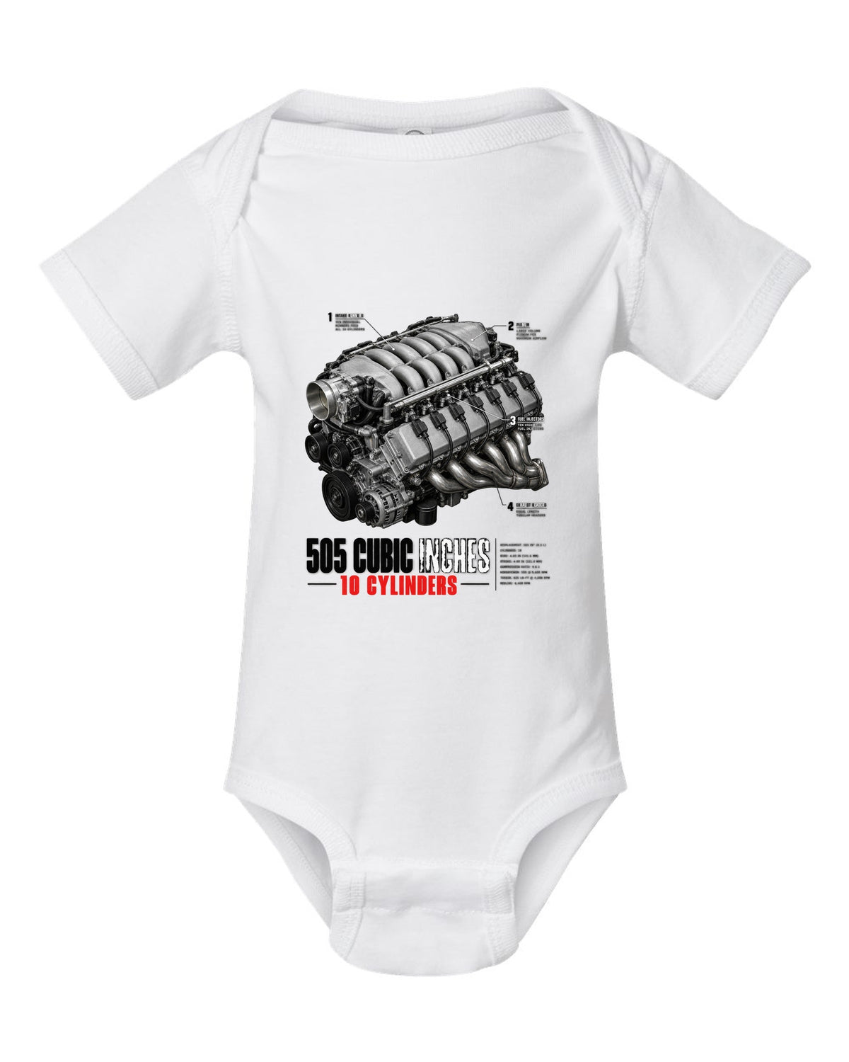 Dodge Viper SRT-10 ZB I 8.3L V10 engine hero print with 505 cubic inches lettering white baby onesie front view with the design