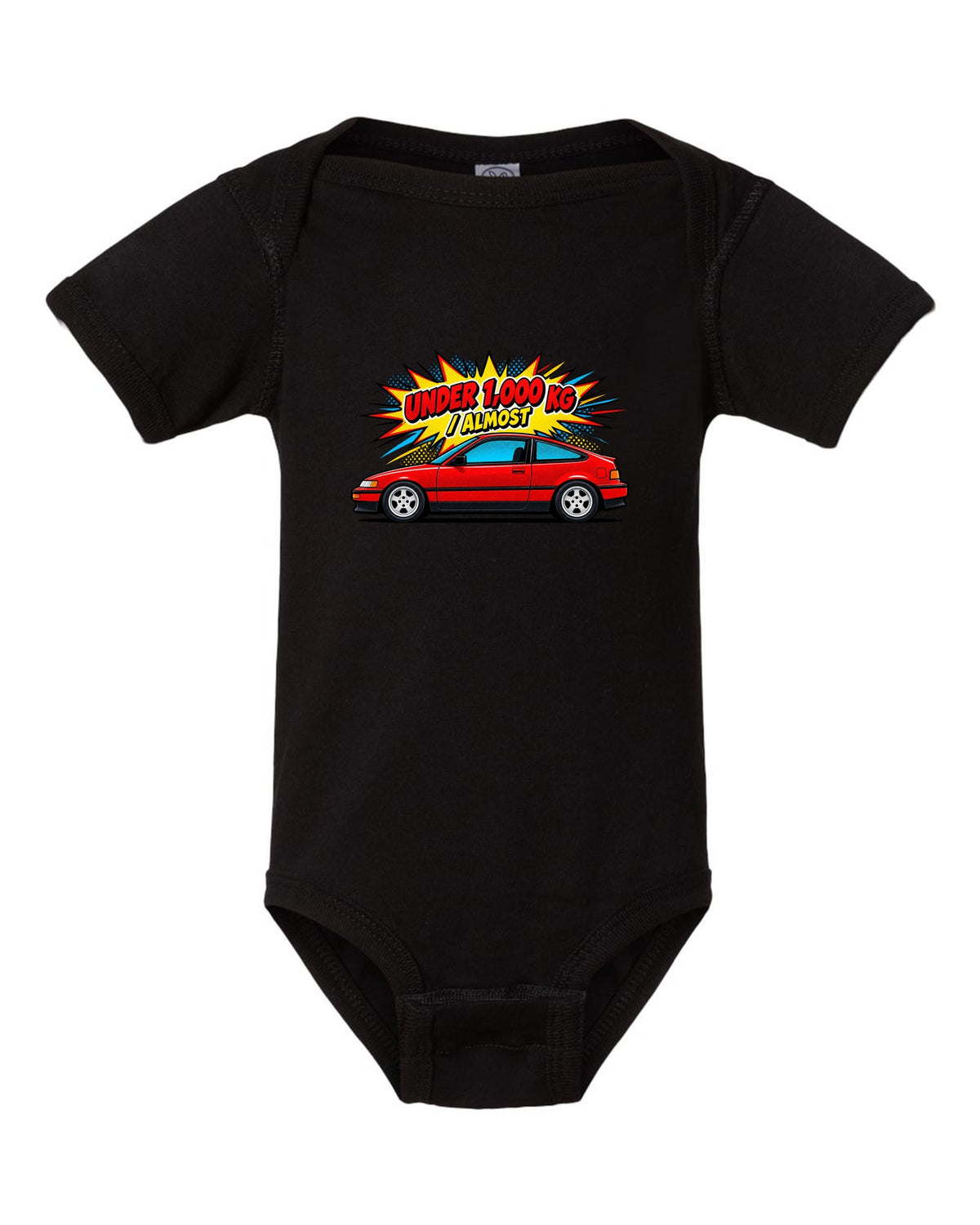 Pop-art Ben-Day halftone print of a Honda CRX EF8 Si with under 1,000 kg almost text black baby onesie front view with the design