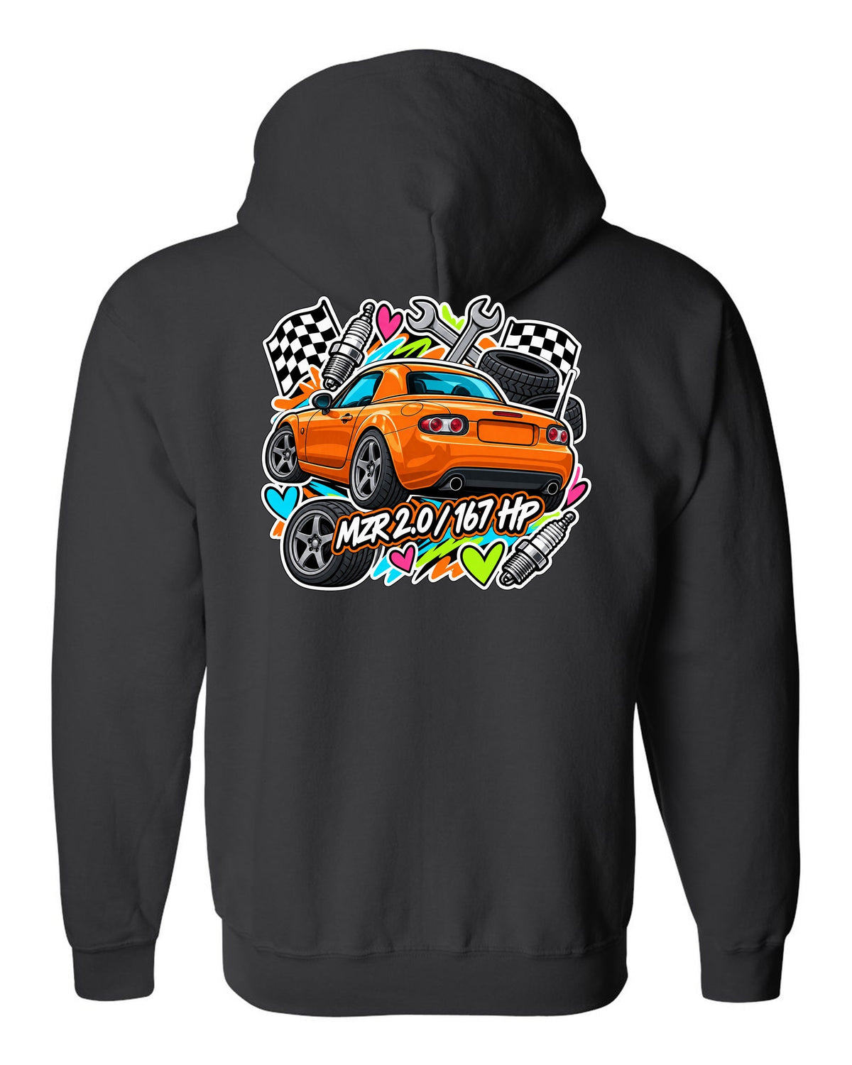 Mazda MX-5 NA6CE Cyanotype Blueprint black zip hoodie back view with the design