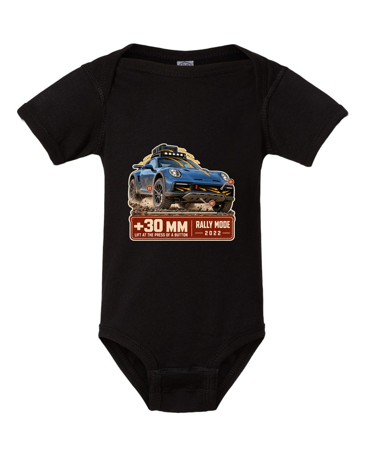 Aero callout print of a Porsche 911 Dakar 992 showing the lift feature black baby onesie front view with the design