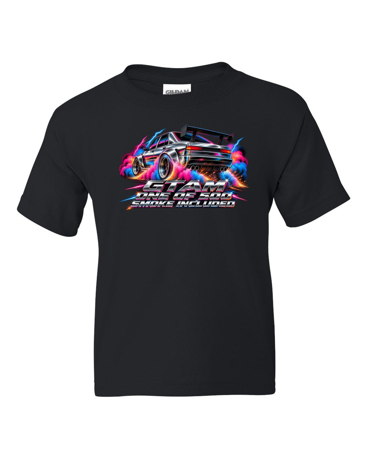 80s airbrush chrome style Alfa Romeo Giulia GTAm with one of 500 smoke included text black kids tee front view with the design
