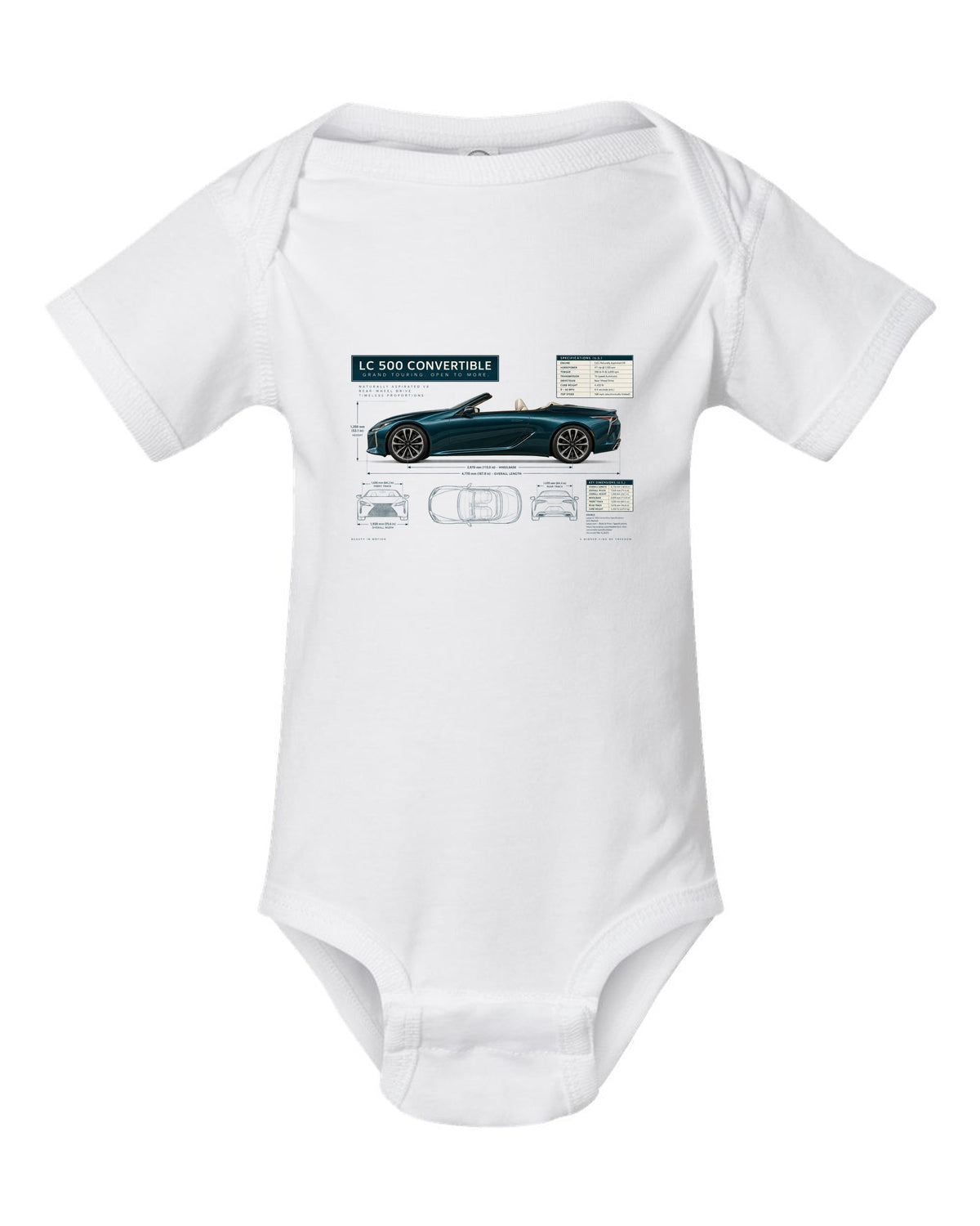Dimension blueprint of the Lexus RC F with engine code and power figure white baby onesie front view with the design