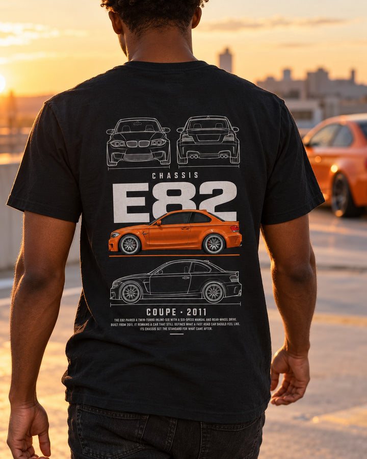 BMW E82 1 Series M coupe Blueprint Full-Back Graphic Tee, E82 Chassis Code T-Shirt Black worn hero