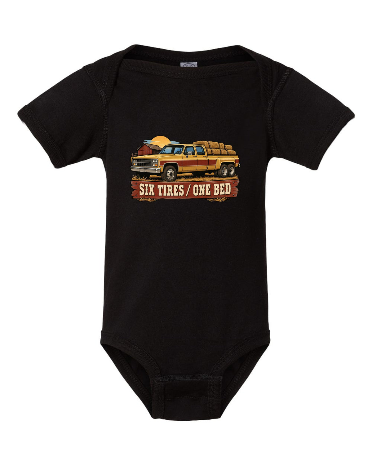 Vintage dealer-ad style print of a 1973-87 Chevrolet C20 Squarebody crew cab with six tires one bed lettering black baby onesie front view with the design