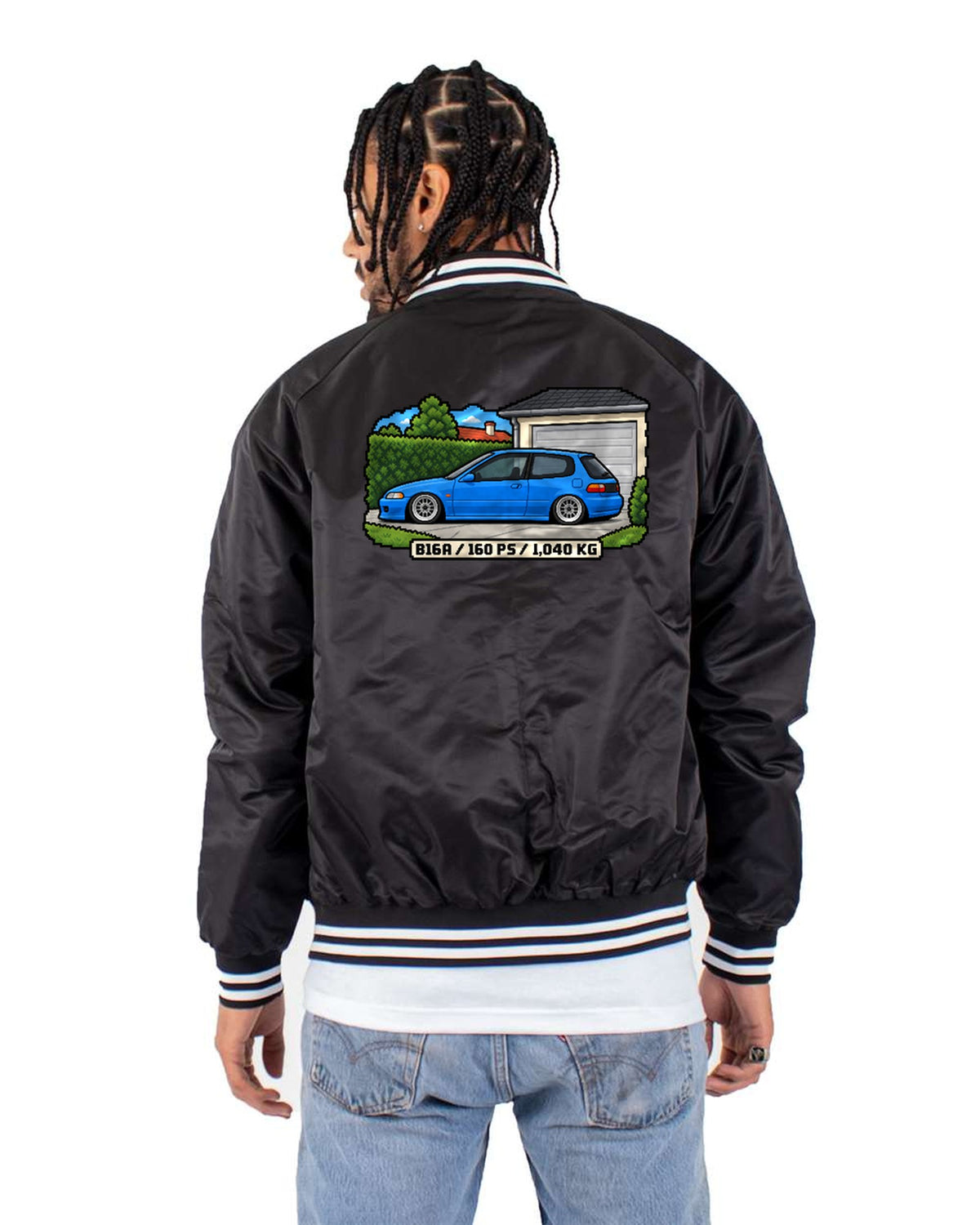 Honda Civic EG6 B16A Pixel Art Tee, 16-Bit Driveway Car Shirt Bomber Jacket Black back