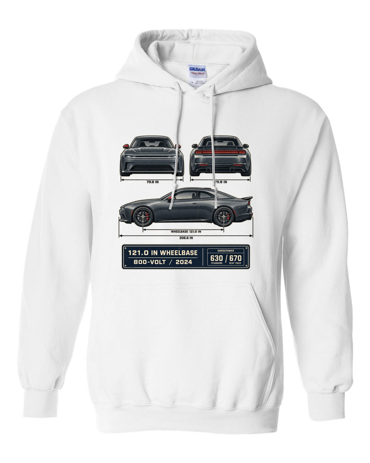 Dodge Charger Daytona Scat Pack 2024 dimension blueprint print white pull over hoodie front view with the design