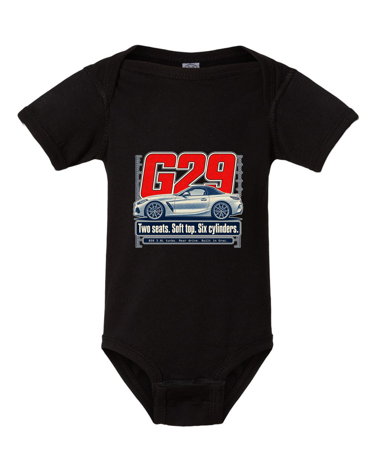 Halftone print of the BMW Z4 G29 roadster with two seats and six cylinders text black baby onesie front view with the design