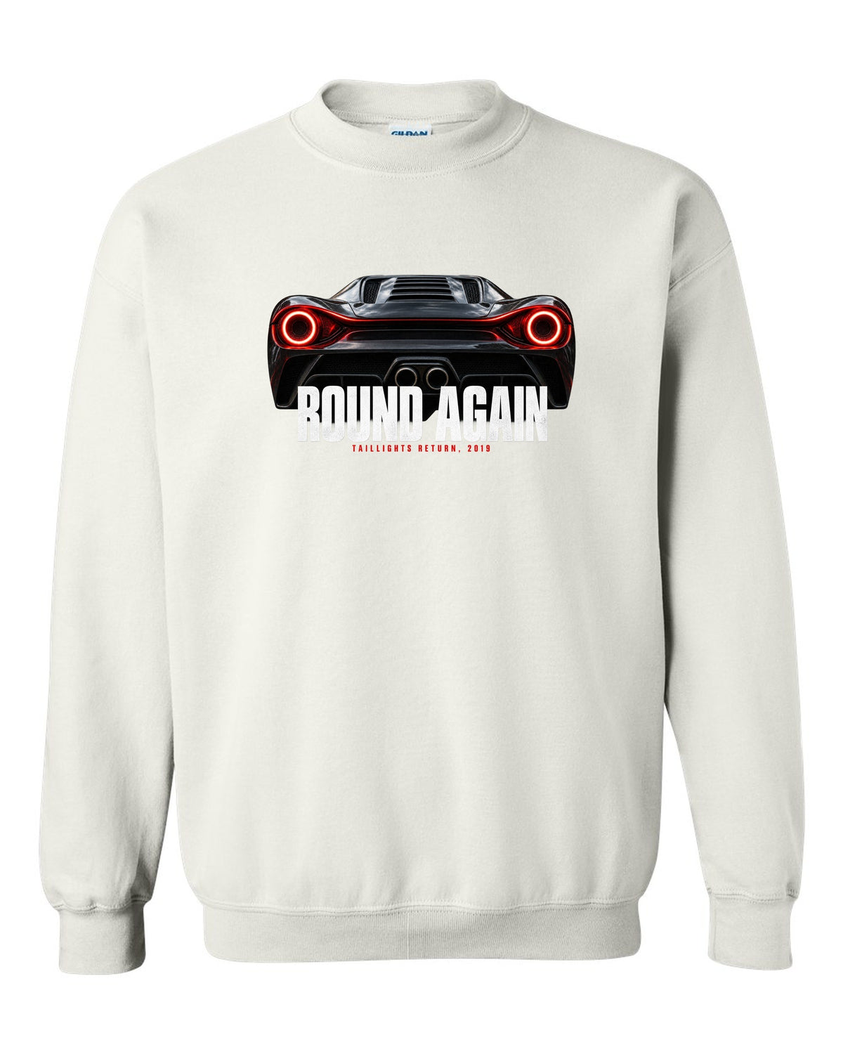 Macro print of Ferrari F8 Tributo round taillights with the text Round Again, Taillights Return, 2019 white crewneck front view with the design